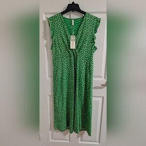 NWT ONLY Green Ditsy Floral Flutter Sleeve Faux Wrap Midi Tea Cotton Dress - XL